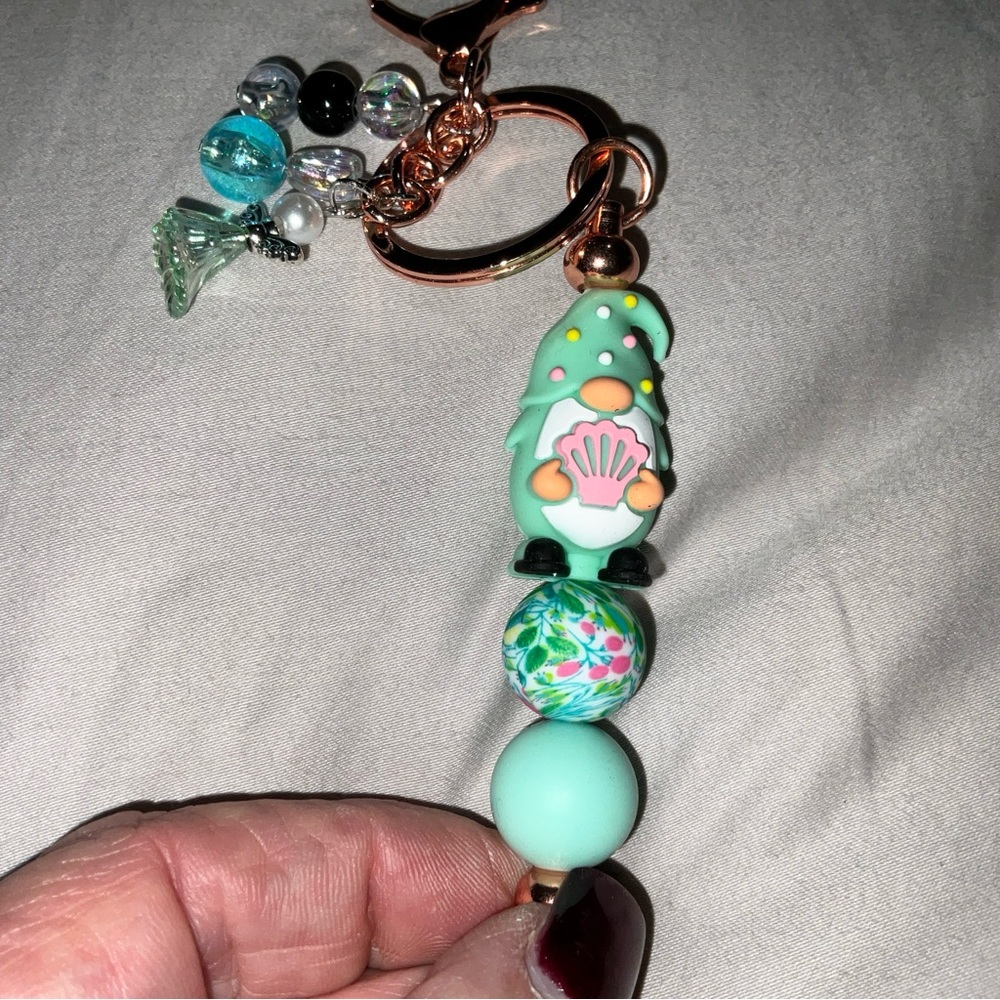 Whimsical Gnome Keychain with Beads, Angel on dangle